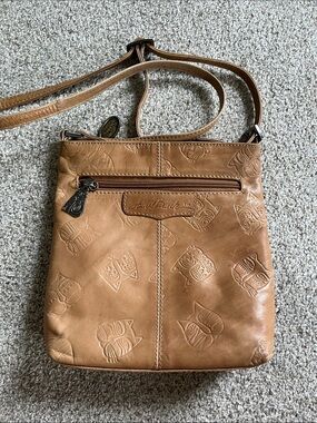 Laurel Burch Tan Embossed Genuine Leather Whimsical Cat Crossbody Bag